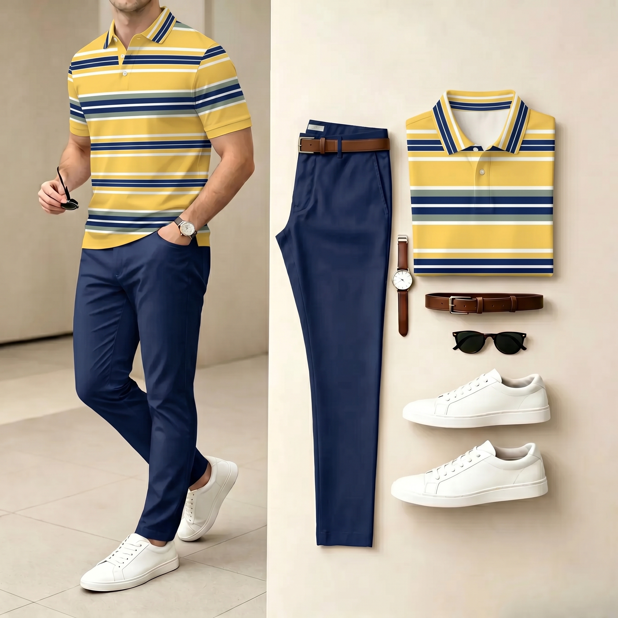Conjunto de dos piezas casual Yellow & Navy Color Matching a rayas estampado camisa polo & pantalón para hombre