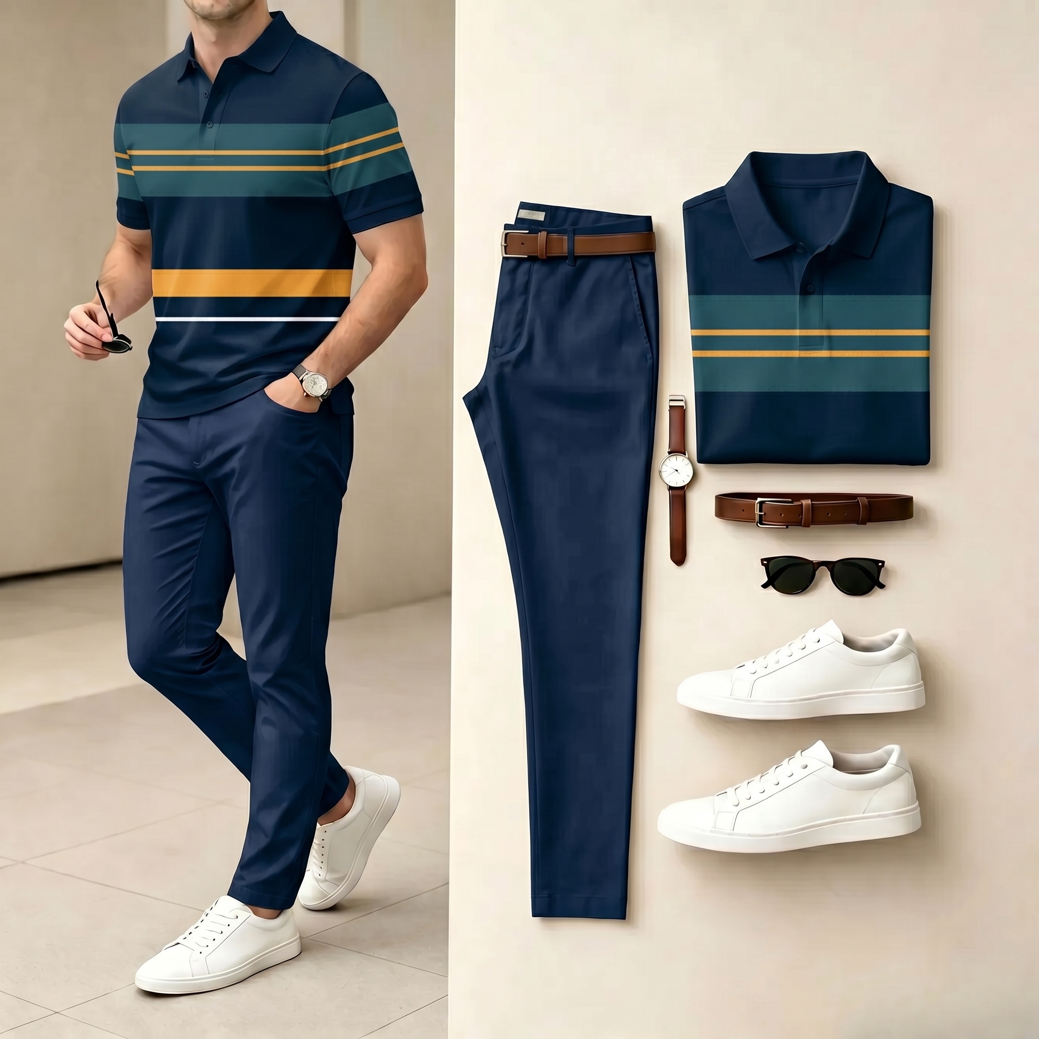 Conjunto de dos piezas casual Navy & Orange Color Matching a rayas estampado camisa polo & pantalón para hombre