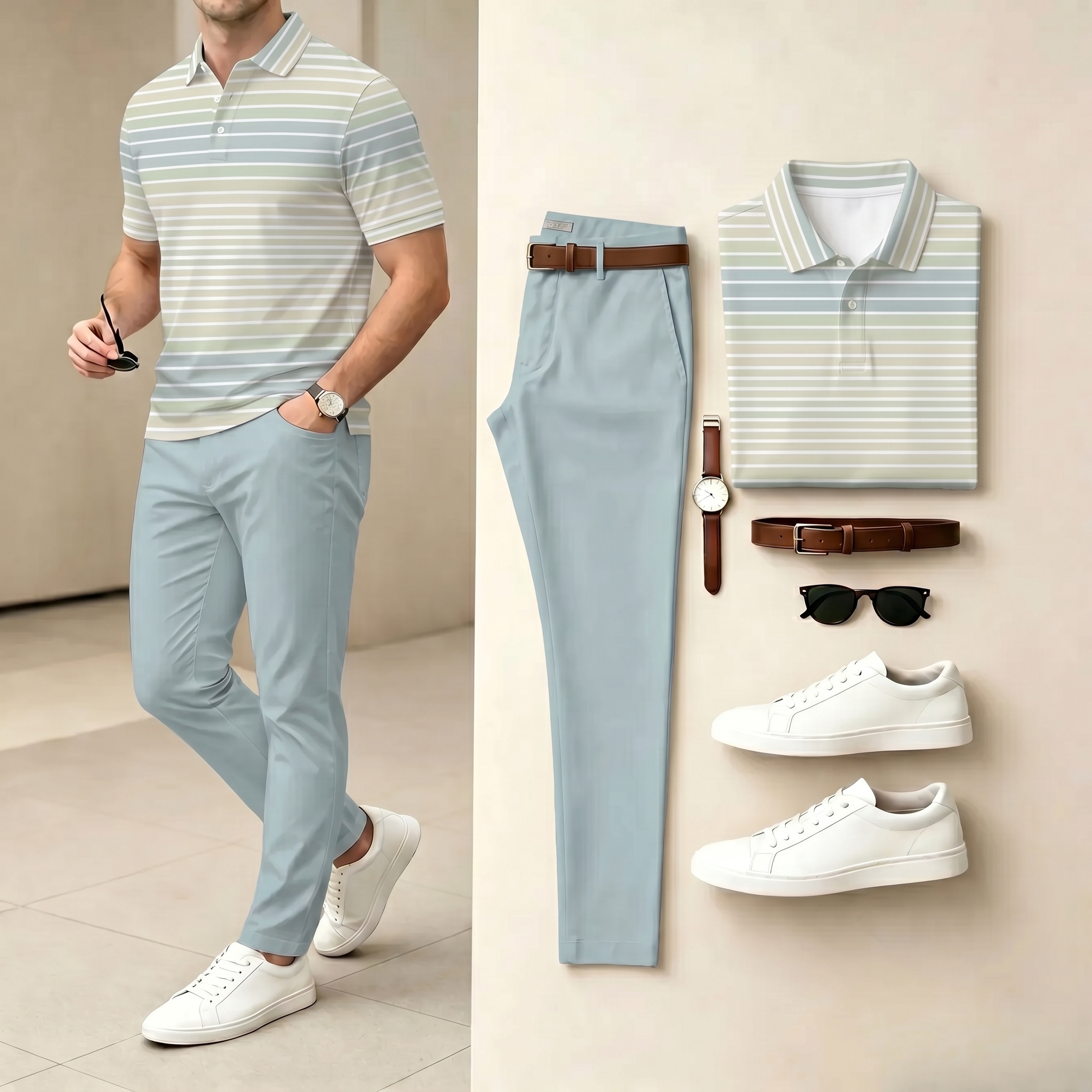 Conjunto de dos piezas casual Light Blue & White Color Matching a rayas estampado camisa polo & pantalón para hombre