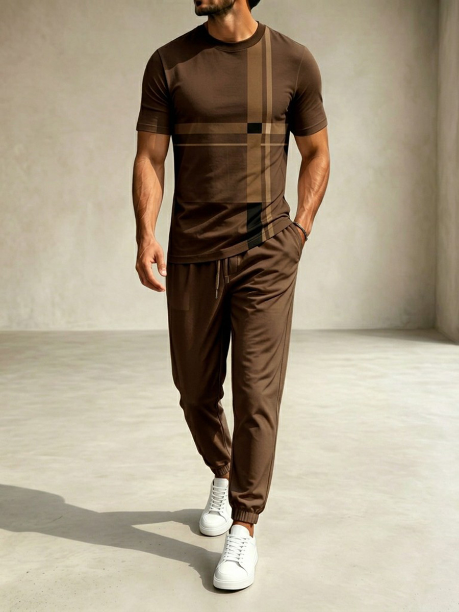 Conjunto de dos piezas casual Coffee Color Matching Geometric estampado Round Neck camiseta & pantalón para hombre