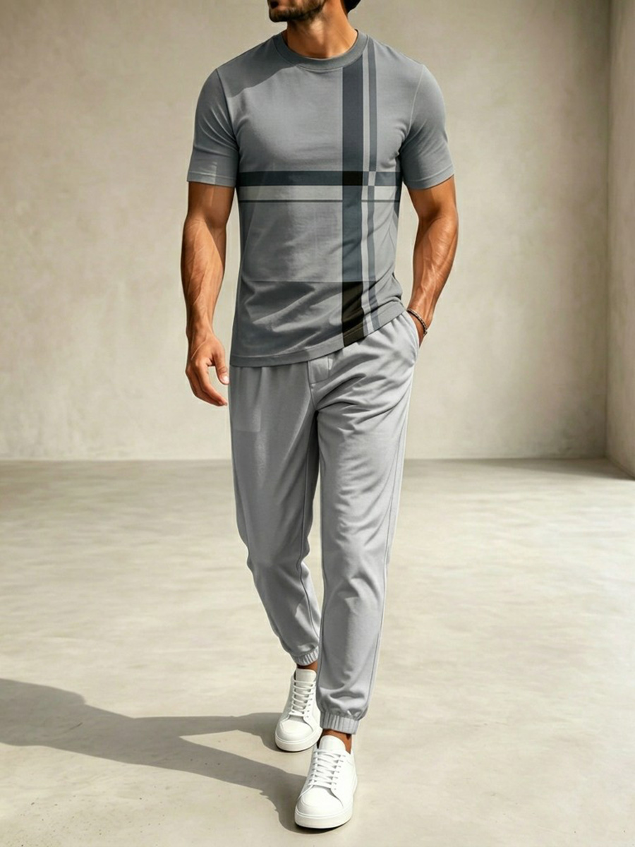 Conjunto de dos piezas casual Gray Color Matching Geometric estampado Round Neck camiseta & pantalón para hombre