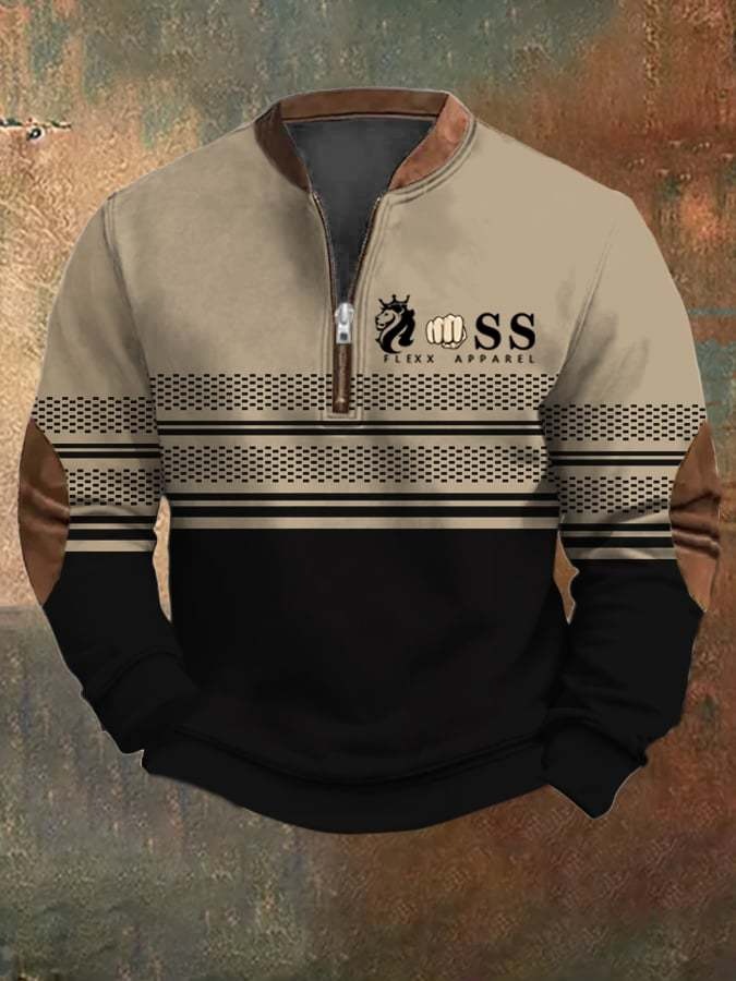 Sudadera retro Letter Design estampado casual cierre cuello de manga larga para hombre