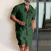 Camisa Leaves Tropical Plants 2pcs camisas Sets Summer Hawaiian de manga corta Short pantalón Cuban Collar Tropical de moda Hawaiian Street casual Hawaiian estampado Summer Spring Black White Blue para hombre