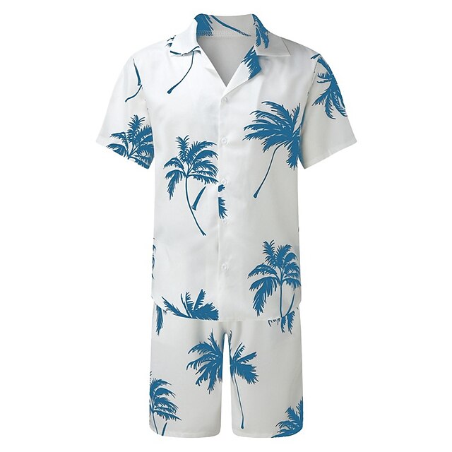 Camisa Leaves Tropical Plants 2pcs camisas Sets Summer Hawaiian de manga corta Short pantalón Cuban Collar Tropical de moda Hawaiian Street casual Hawaiian estampado Summer Spring Black White Blue para hombre