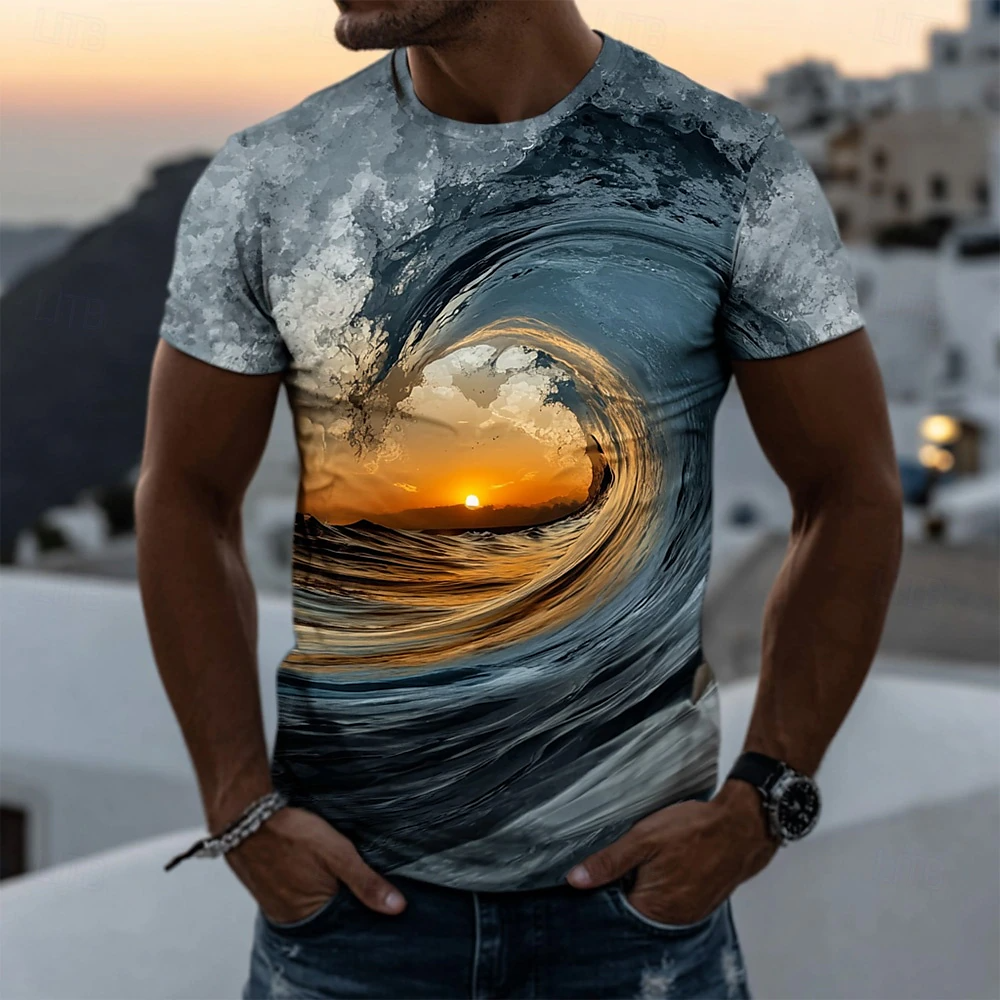 Camiseta Ocean 3D de manga corta camiseta 3D estampado Crew Neck camisa para hombre