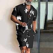 Camisa Leaves Tropical Plants 2pcs camisas Sets Summer Hawaiian de manga corta Short pantalón Cuban Collar Tropical de moda Hawaiian Street casual Hawaiian estampado Summer Spring Black White Blue para hombre