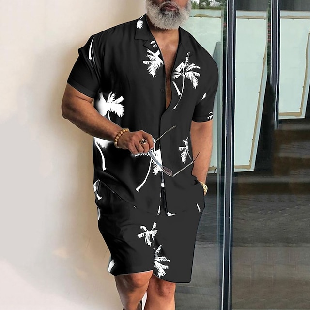 Camisa Leaves Tropical Plants 2pcs camisas Sets Summer Hawaiian de manga corta Short pantalón Cuban Collar Tropical de moda Hawaiian Street casual Hawaiian estampado Summer Spring Black White Blue para hombre