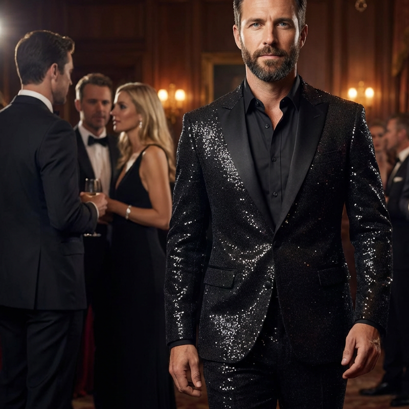 para hombre Black Sparkle Tuxedo Suit Set