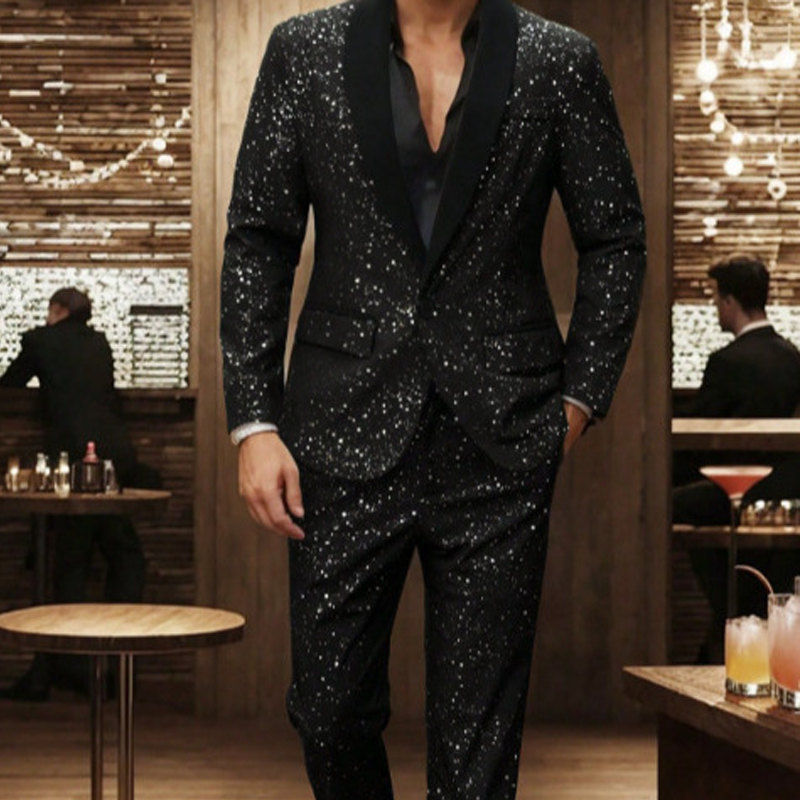 para hombre Black Sparkle Tuxedo Suit Set