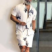 Camisa Leaves Tropical Plants 2pcs camisas Sets Summer Hawaiian de manga corta Short pantalón Cuban Collar Tropical de moda Hawaiian Street casual Hawaiian estampado Summer Spring Black White Blue para hombre