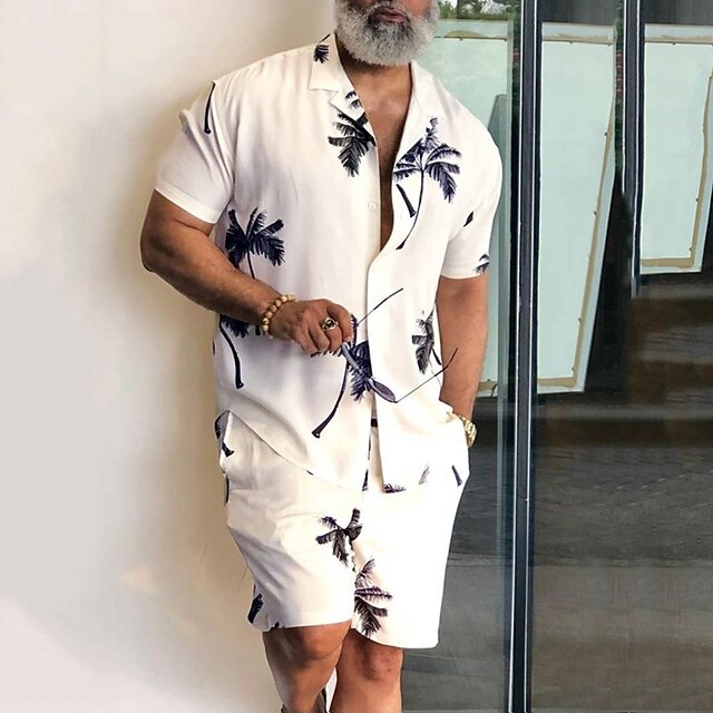 Camisa Leaves Tropical Plants 2pcs camisas Sets Summer Hawaiian de manga corta Short pantalón Cuban Collar Tropical de moda Hawaiian Street casual Hawaiian estampado Summer Spring Black White Blue para hombre