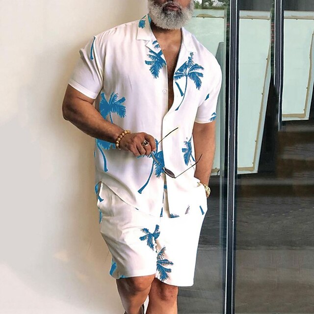 Camisa Leaves Tropical Plants 2pcs camisas Sets Summer Hawaiian de manga corta Short pantalón Cuban Collar Tropical de moda Hawaiian Street casual Hawaiian estampado Summer Spring Black White Blue para hombre