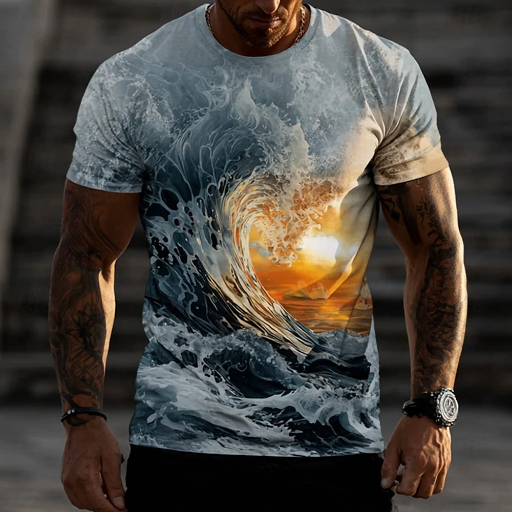 Camiseta Ocean 3D de manga corta camiseta 3D estampado Crew Neck camisa para hombre