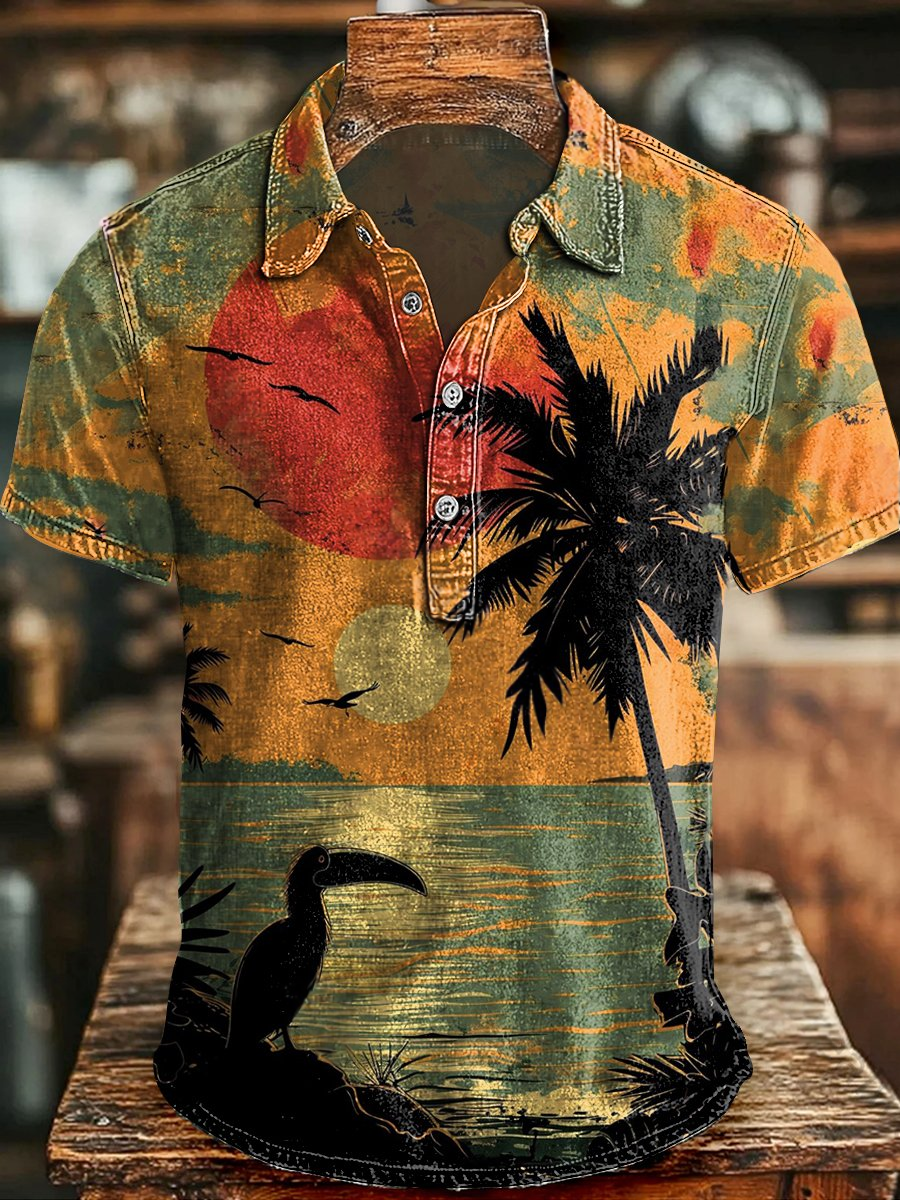 Camisa vintage Seaside Sunset estampado casual de manga corta
