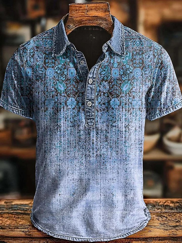 Camisa polo retro Ethnic Gradient Art estampado Casaul de manga corta