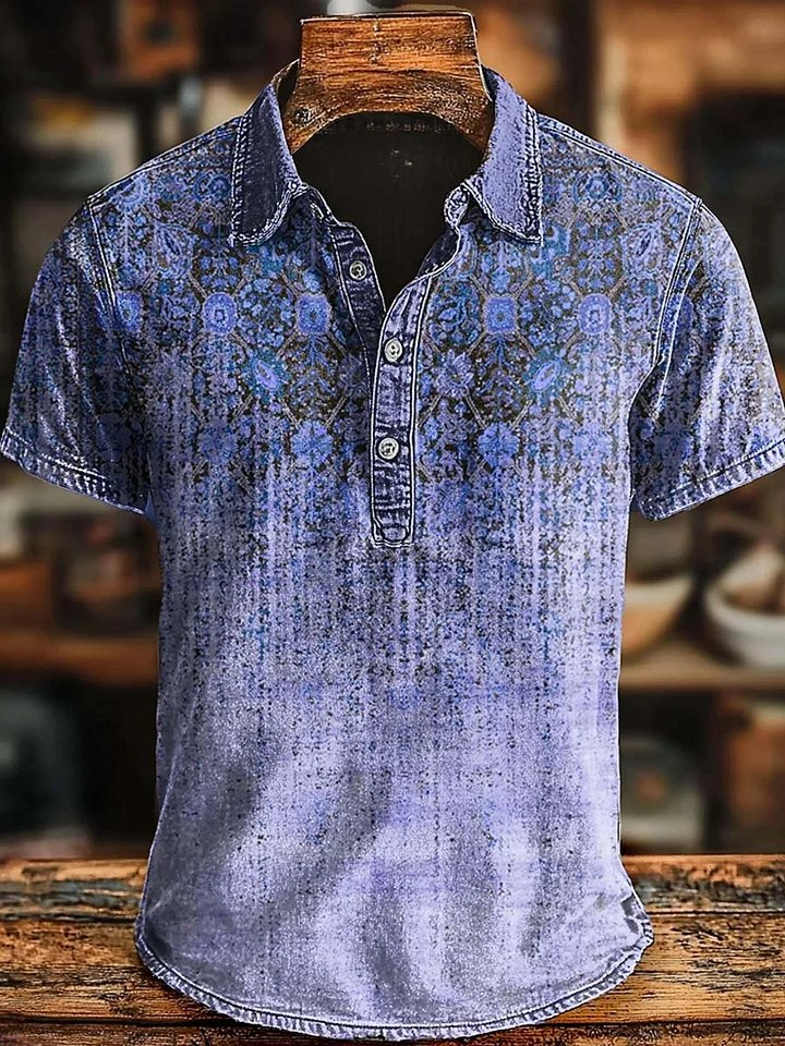 Camisa polo retro Ethnic Gradient Art estampado Casaul de manga corta