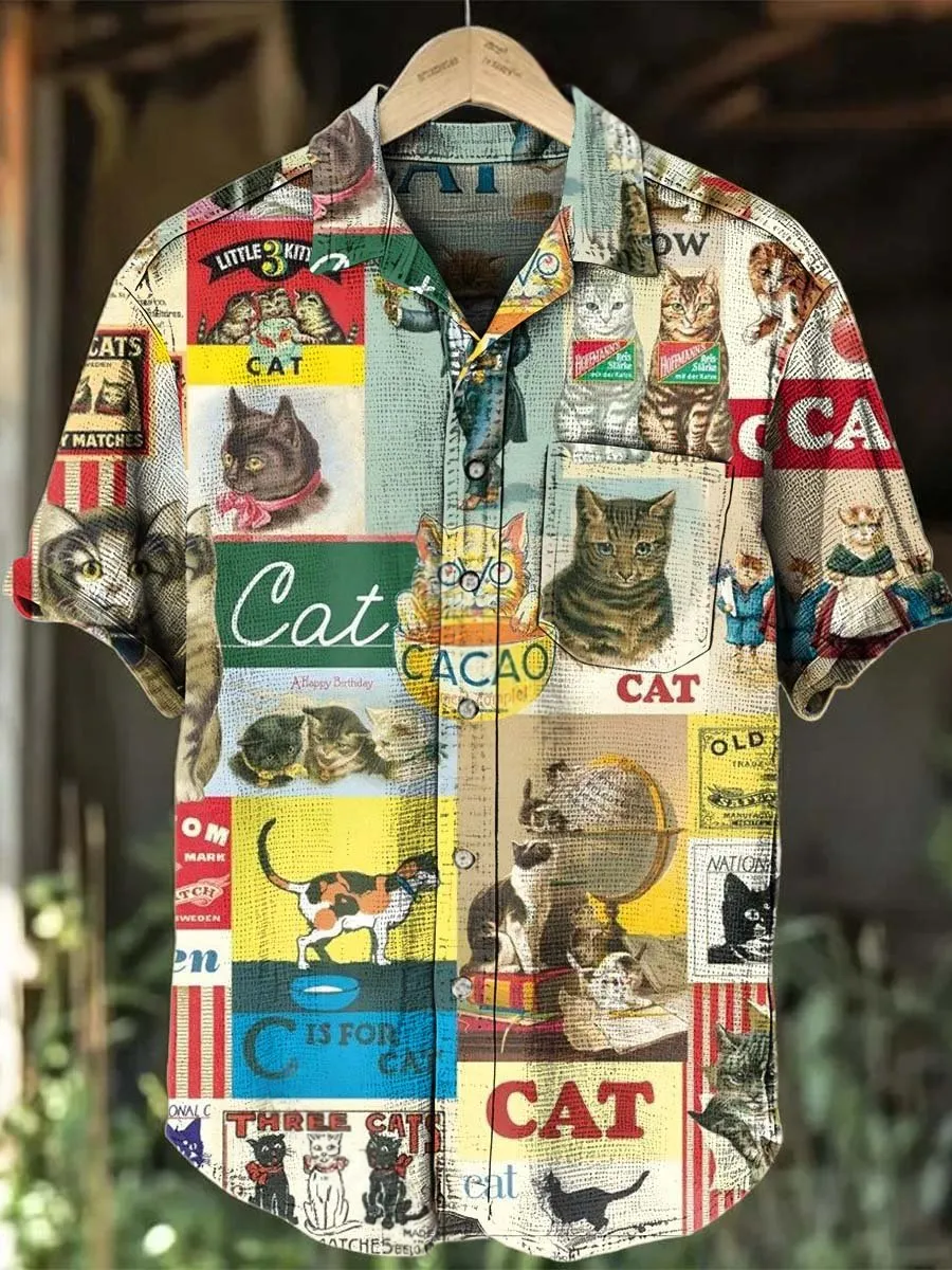 Camisa retro Cat Patchpara trabajo estampado casual de manga corta