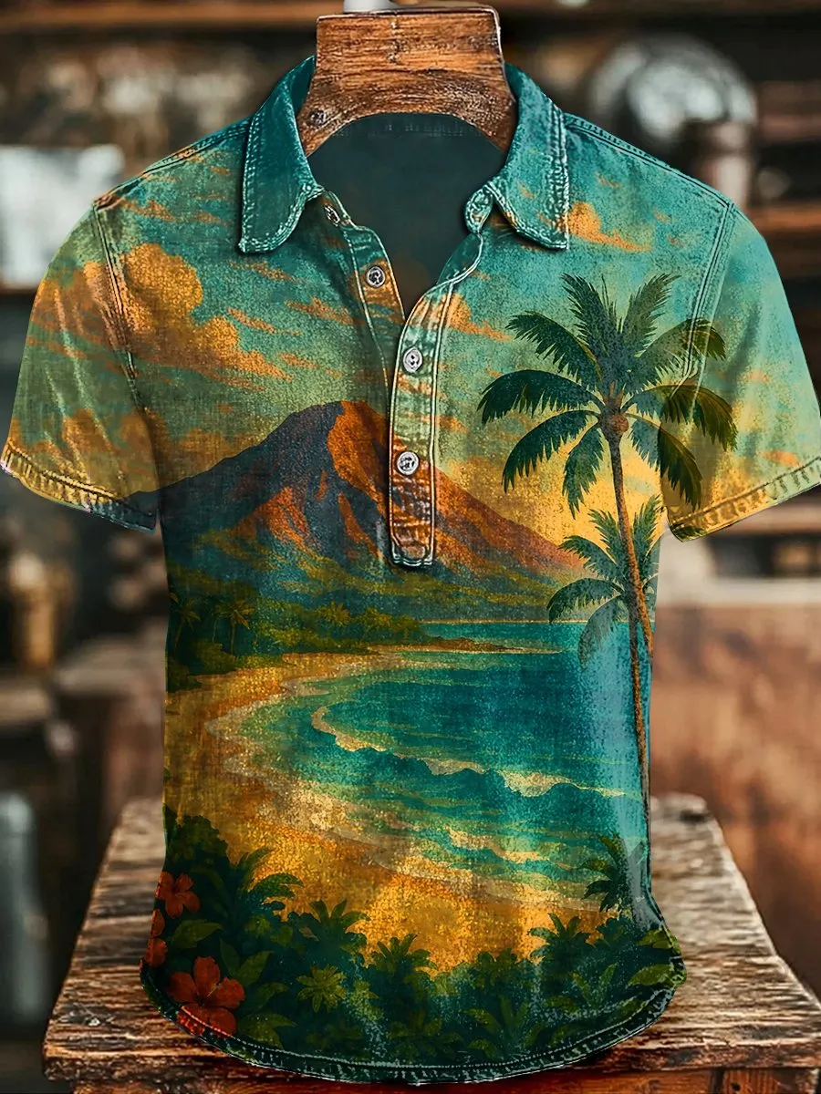 Camisa vintage Beach estampado casual de manga corta