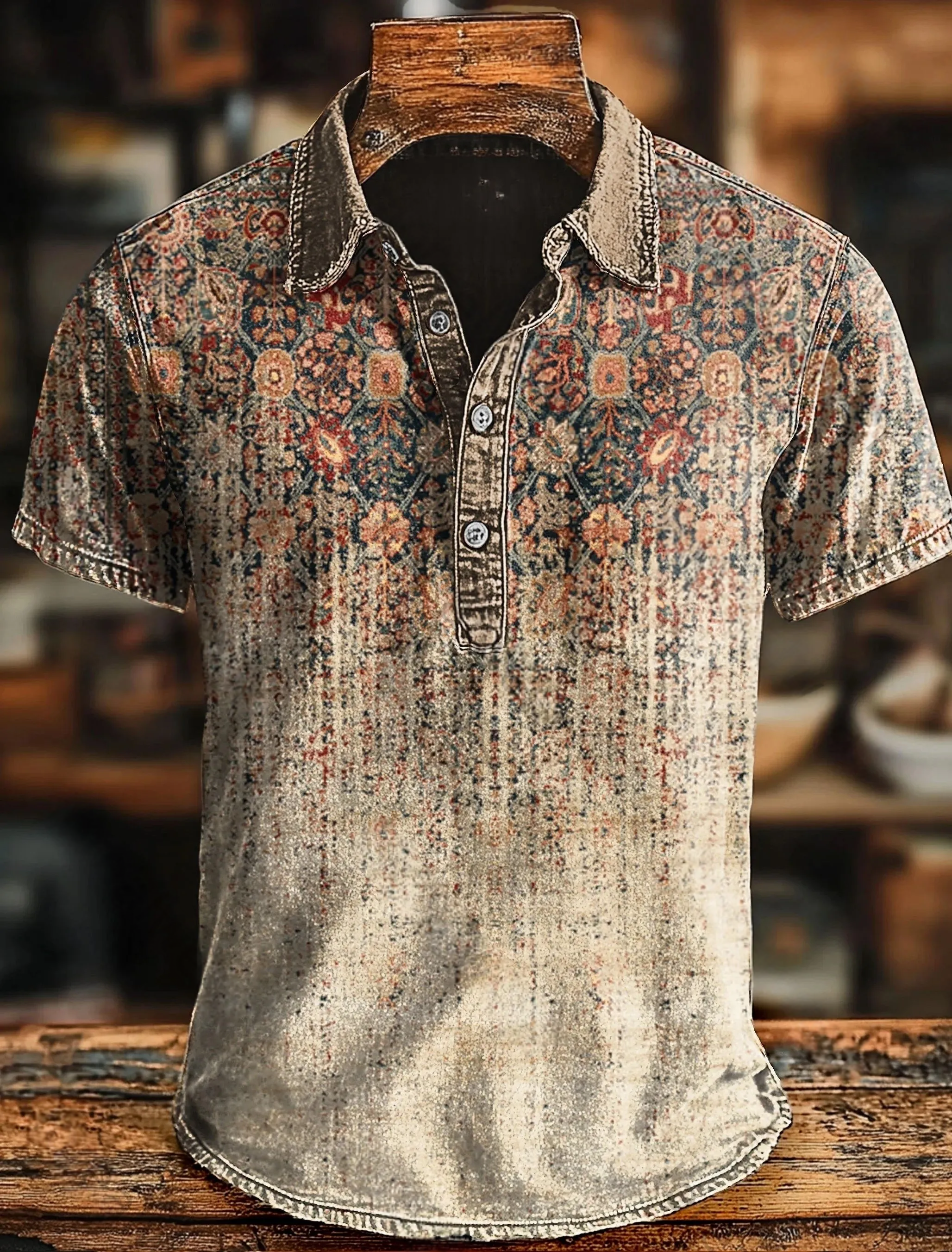 Camisa polo retro Ethnic Gradient Art estampado Casaul de manga corta