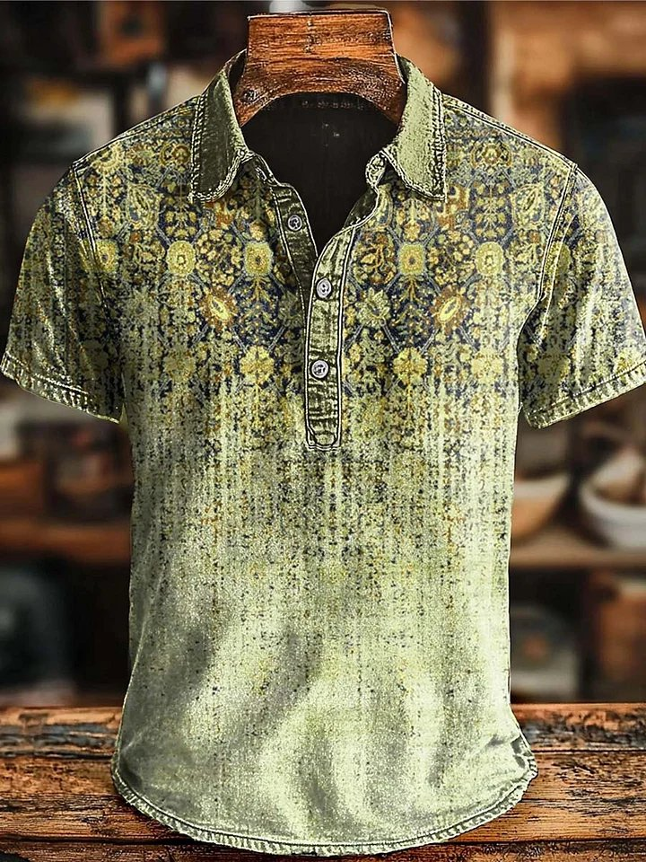 Camisa polo retro Ethnic Gradient Art estampado Casaul de manga corta