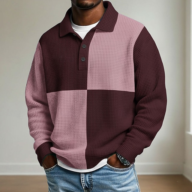 Camisa Checkered Horizontal rayas Polo Rugby Polo texturizado de manga larga polos solapa Sportswear casual School Athleisure para uso diario Wear 3D estampado Spring Fall Winter Blue Red Brown para hombre