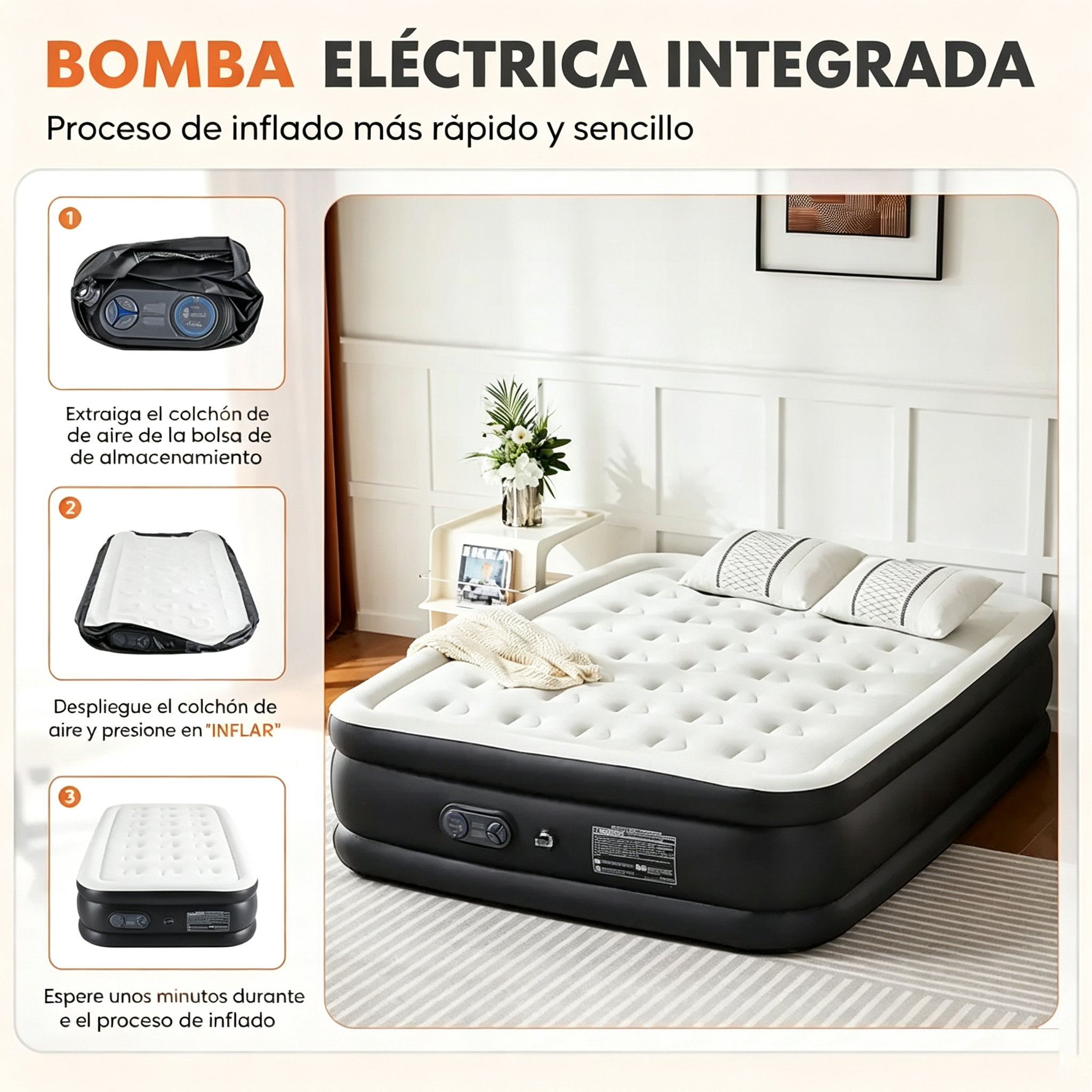 Colchón inflable portátil de inflado rápido – Colchón de aire con bomba integrada de alta capacidad, doble altura, base antideslizante, capacidad de carga de 660 libras (aprox. 300 kg), para el hogar y acampada (equipo de descanso para actividades al aire