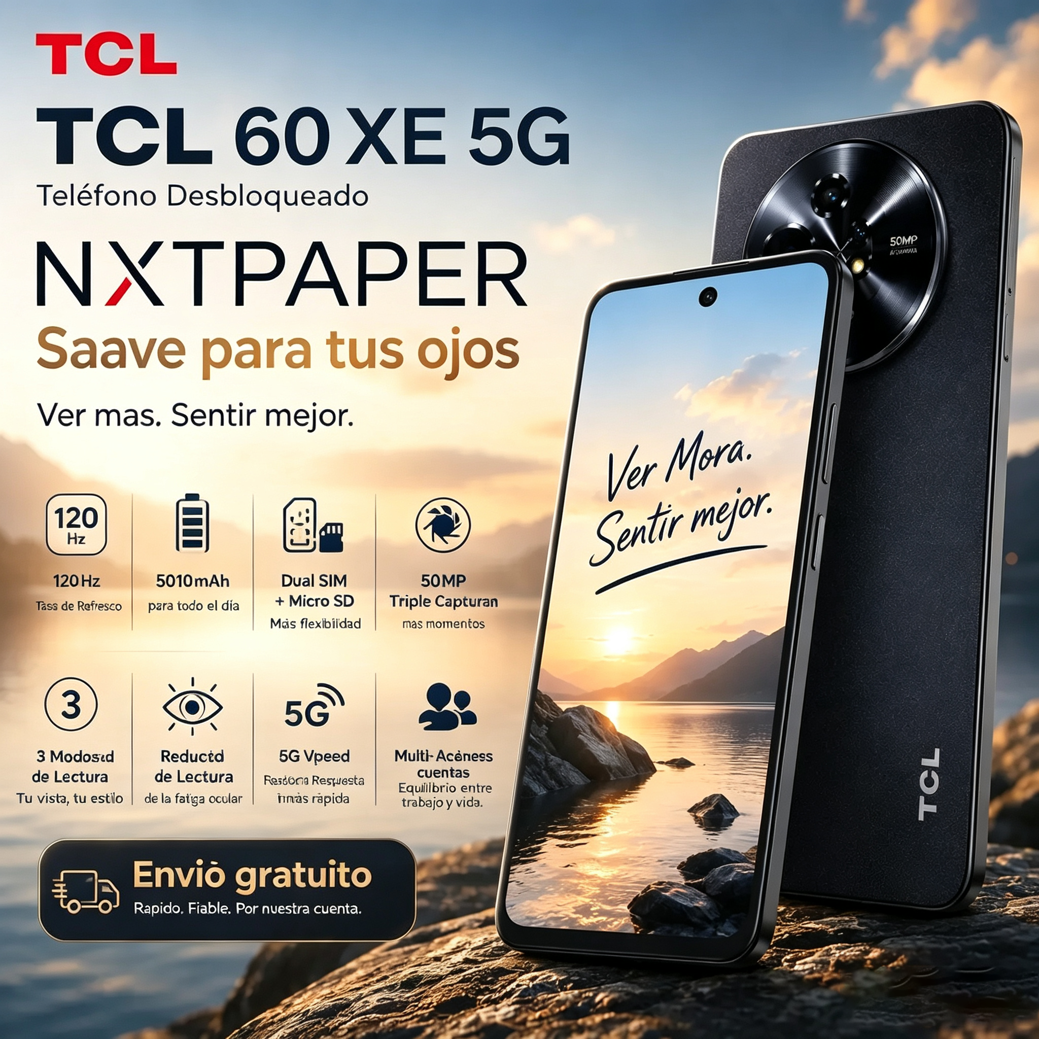 TCL 60 XE NXTPAPER 5G Cell Phone, AT&T, T-Mobile & Verizon Unlocked Android Smartphone, 8GB+128GB/8GB+256GB, 6.8" 120Hz Paper-Like Display, AI Features, 5010mAh Battery, Advanced Camera System,