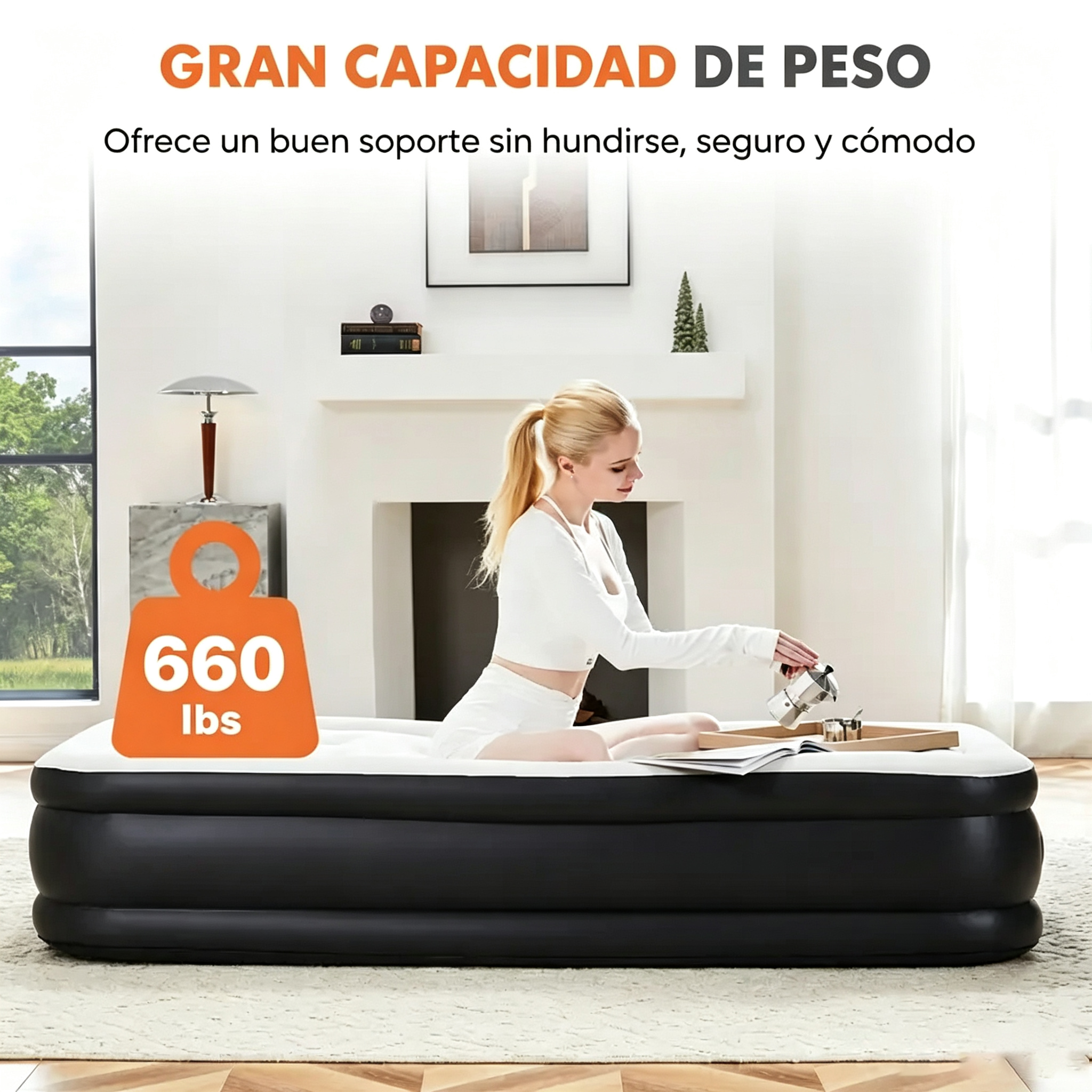 Colchón inflable portátil de inflado rápido – Colchón de aire con bomba integrada de alta capacidad, doble altura, base antideslizante, capacidad de carga de 660 libras (aprox. 300 kg), para el hogar y acampada (equipo de descanso para actividades al aire