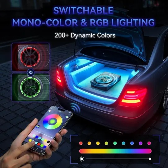Subwoofer para coche ANDEMAN de 1200 W con control por aplicación y luz LED de colores, subwoofer plano de 10 pulgadas para debajo del asiento con amplificador integrado y entrada de alta/baja impedancia, altavoz de graves para coche/camioneta/SUV/Jeep/mo