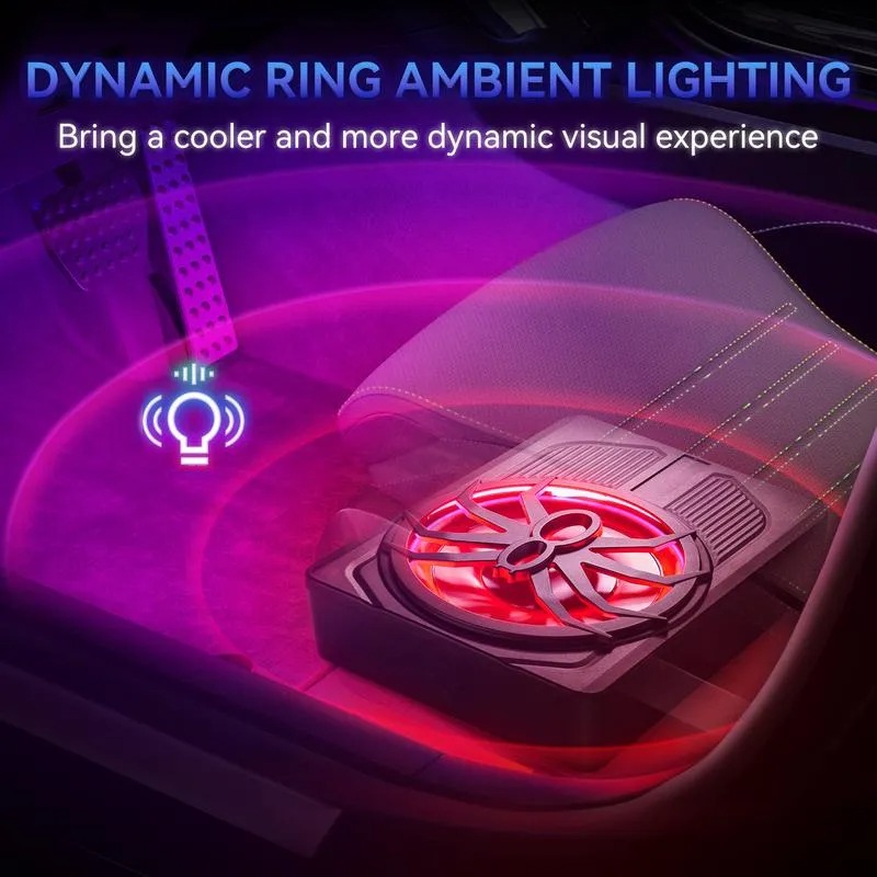 Subwoofer para coche ANDEMAN de 1200 W con control por aplicación y luz LED de colores, subwoofer plano de 10 pulgadas para debajo del asiento con amplificador integrado y entrada de alta/baja impedancia, altavoz de graves para coche/camioneta/SUV/Jeep/mo