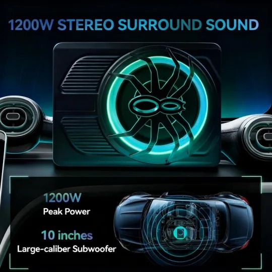 Subwoofer para coche ANDEMAN de 1200 W con control por aplicación y luz LED de colores, subwoofer plano de 10 pulgadas para debajo del asiento con amplificador integrado y entrada de alta/baja impedancia, altavoz de graves para coche/camioneta/SUV/Jeep/mo