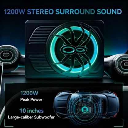 Subwoofer para coche ANDEMAN de 1200 W con control por aplicación y luz LED de colores, subwoofer plano de 10 pulgadas para debajo del asiento con amplificador integrado y entrada de alta/baja impedancia, altavoz de graves para coche/camioneta/SUV/Jeep/mo