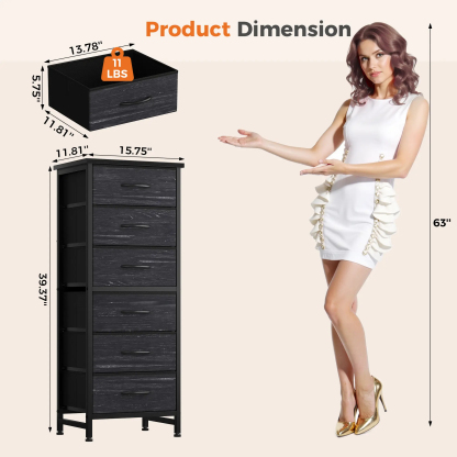 Sweetcrispy - Cómoda de Tela Alta para recámara, cómoda Delgada de 6 cajones, Torre de Almacenamiento Estrecha con Tapa de Madera y Marco de Metal, mesita de Noche Vertical para clóset, Muebles de