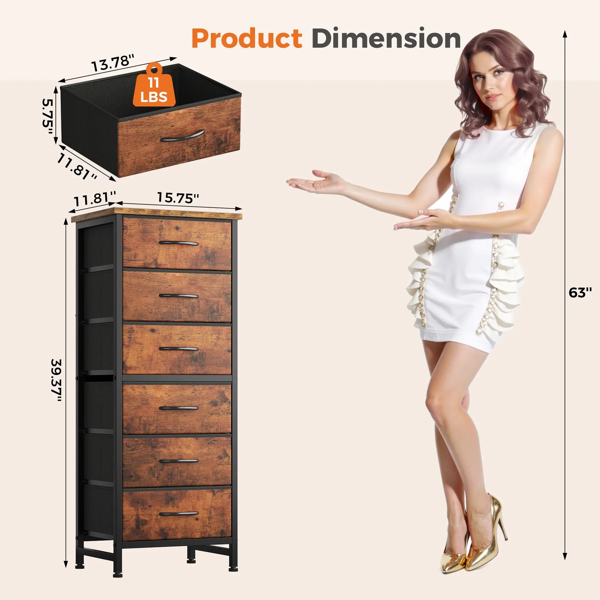 Sweetcrispy - Cómoda de Tela Alta para recámara, cómoda Delgada de 6 cajones, Torre de Almacenamiento Estrecha con Tapa de Madera y Marco de Metal, mesita de Noche Vertical para clóset, Muebles de