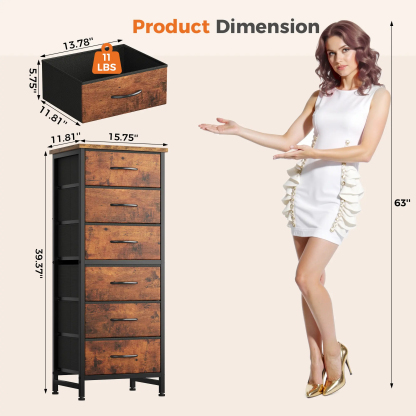 Sweetcrispy - Cómoda de Tela Alta para recámara, cómoda Delgada de 6 cajones, Torre de Almacenamiento Estrecha con Tapa de Madera y Marco de Metal, mesita de Noche Vertical para clóset, Muebles de