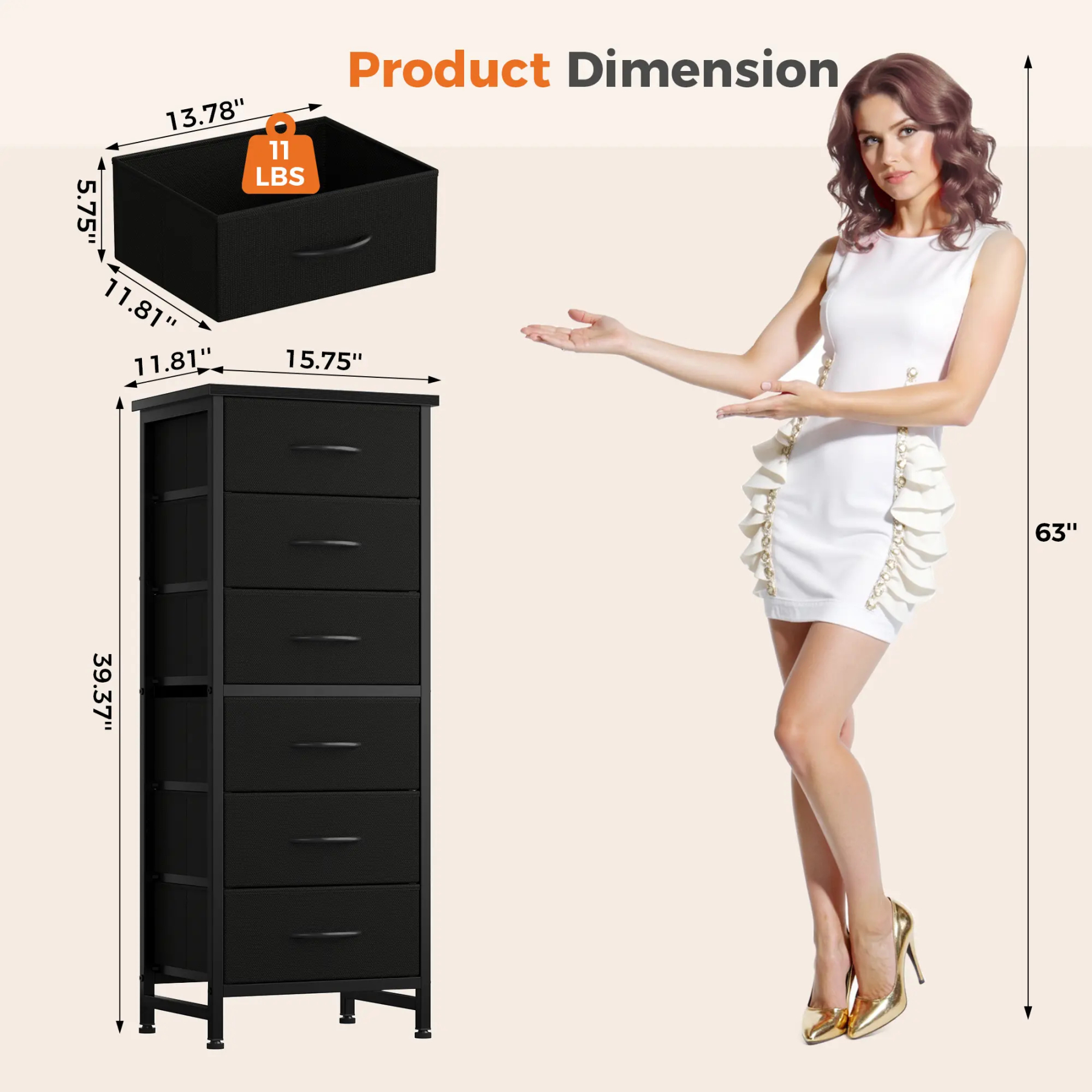 Sweetcrispy - Cómoda de Tela Alta para recámara, cómoda Delgada de 6 cajones, Torre de Almacenamiento Estrecha con Tapa de Madera y Marco de Metal, mesita de Noche Vertical para clóset, Muebles de