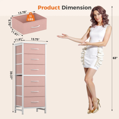 Sweetcrispy - Cómoda de Tela Alta para recámara, cómoda Delgada de 6 cajones, Torre de Almacenamiento Estrecha con Tapa de Madera y Marco de Metal, mesita de Noche Vertical para clóset, Muebles de