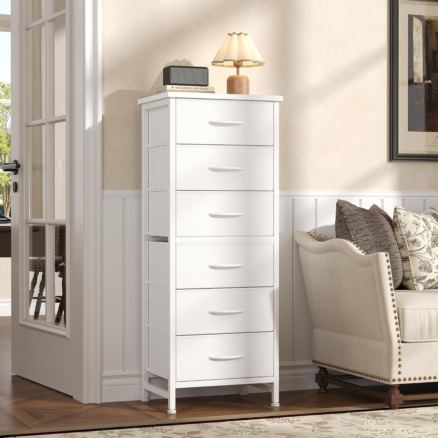 Sweetcrispy - Cómoda de Tela Alta para recámara, cómoda Delgada de 6 cajones, Torre de Almacenamiento Estrecha con Tapa de Madera y Marco de Metal, mesita de Noche Vertical para clóset, Muebles de