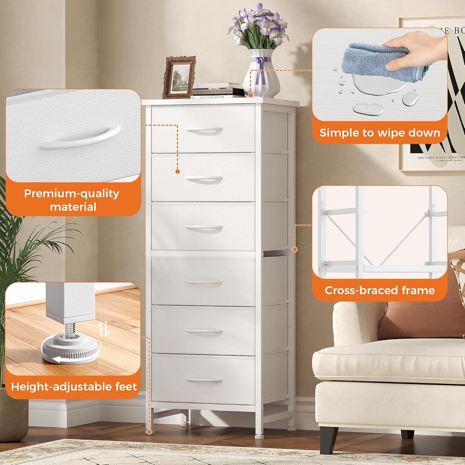 Sweetcrispy - Cómoda de Tela Alta para recámara, cómoda Delgada de 6 cajones, Torre de Almacenamiento Estrecha con Tapa de Madera y Marco de Metal, mesita de Noche Vertical para clóset, Muebles de