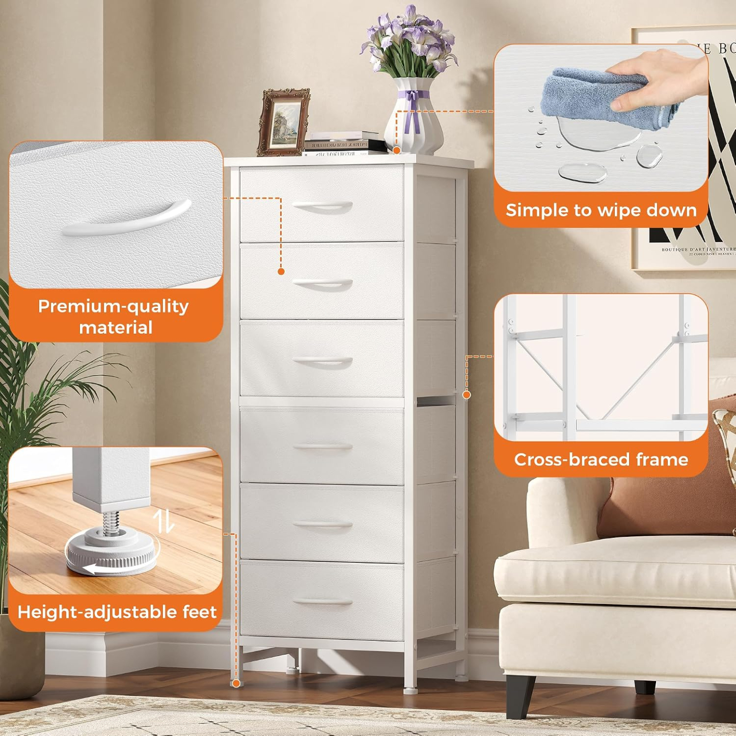 Sweetcrispy - Cómoda de Tela Alta para recámara, cómoda Delgada de 6 cajones, Torre de Almacenamiento Estrecha con Tapa de Madera y Marco de Metal, mesita de Noche Vertical para clóset, Muebles de
