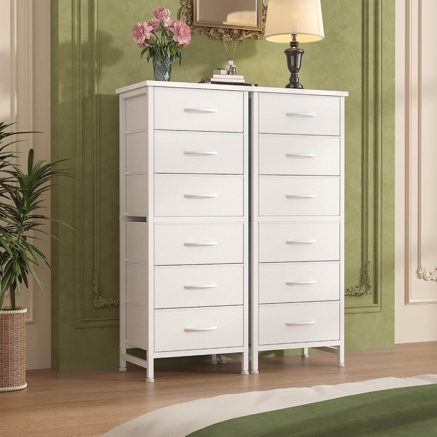 Sweetcrispy - Cómoda de Tela Alta para recámara, cómoda Delgada de 6 cajones, Torre de Almacenamiento Estrecha con Tapa de Madera y Marco de Metal, mesita de Noche Vertical para clóset, Muebles de