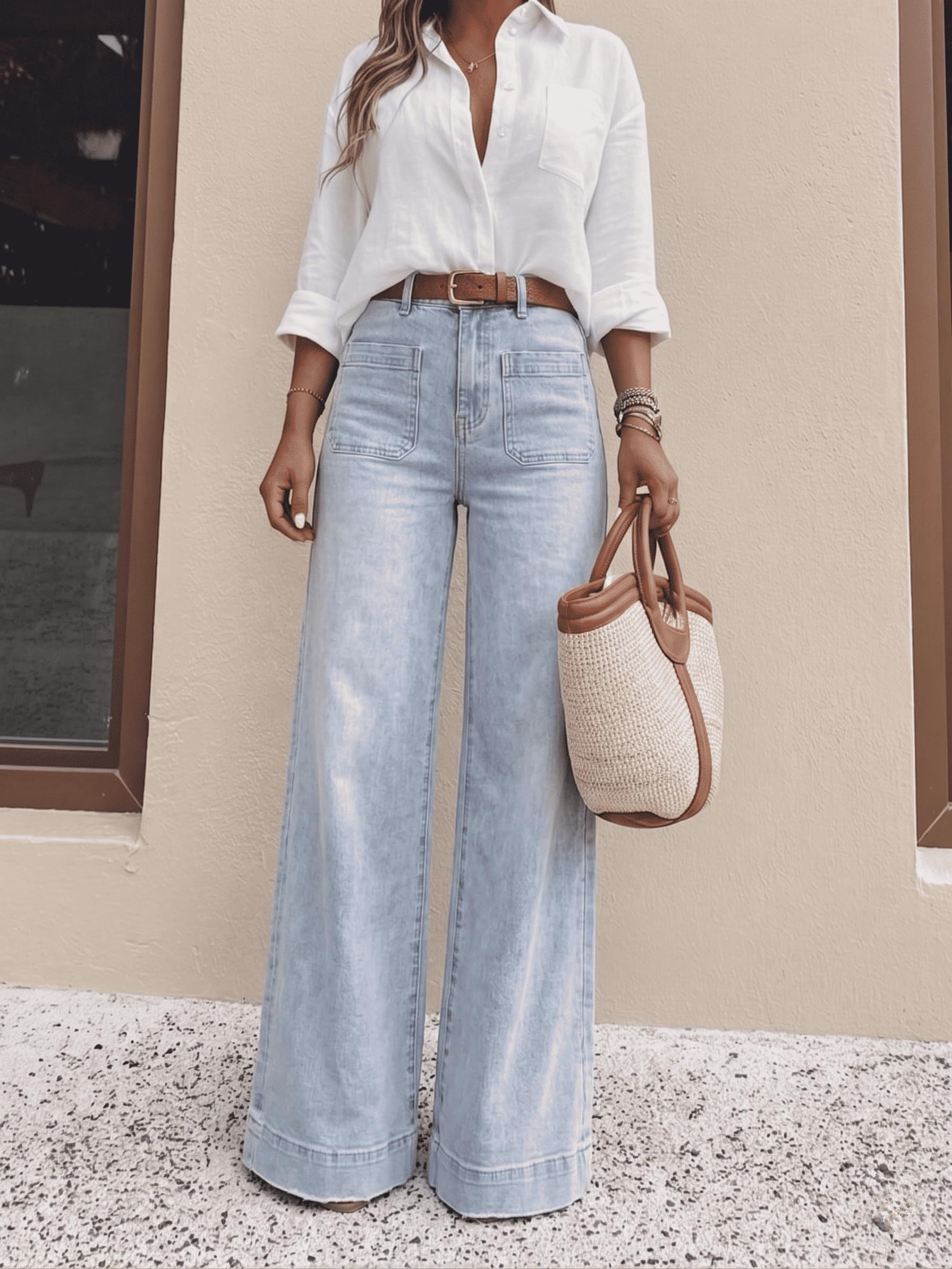 Jeans de Cintura Alta y Pierna Ancha con Bolsillos para Mujer