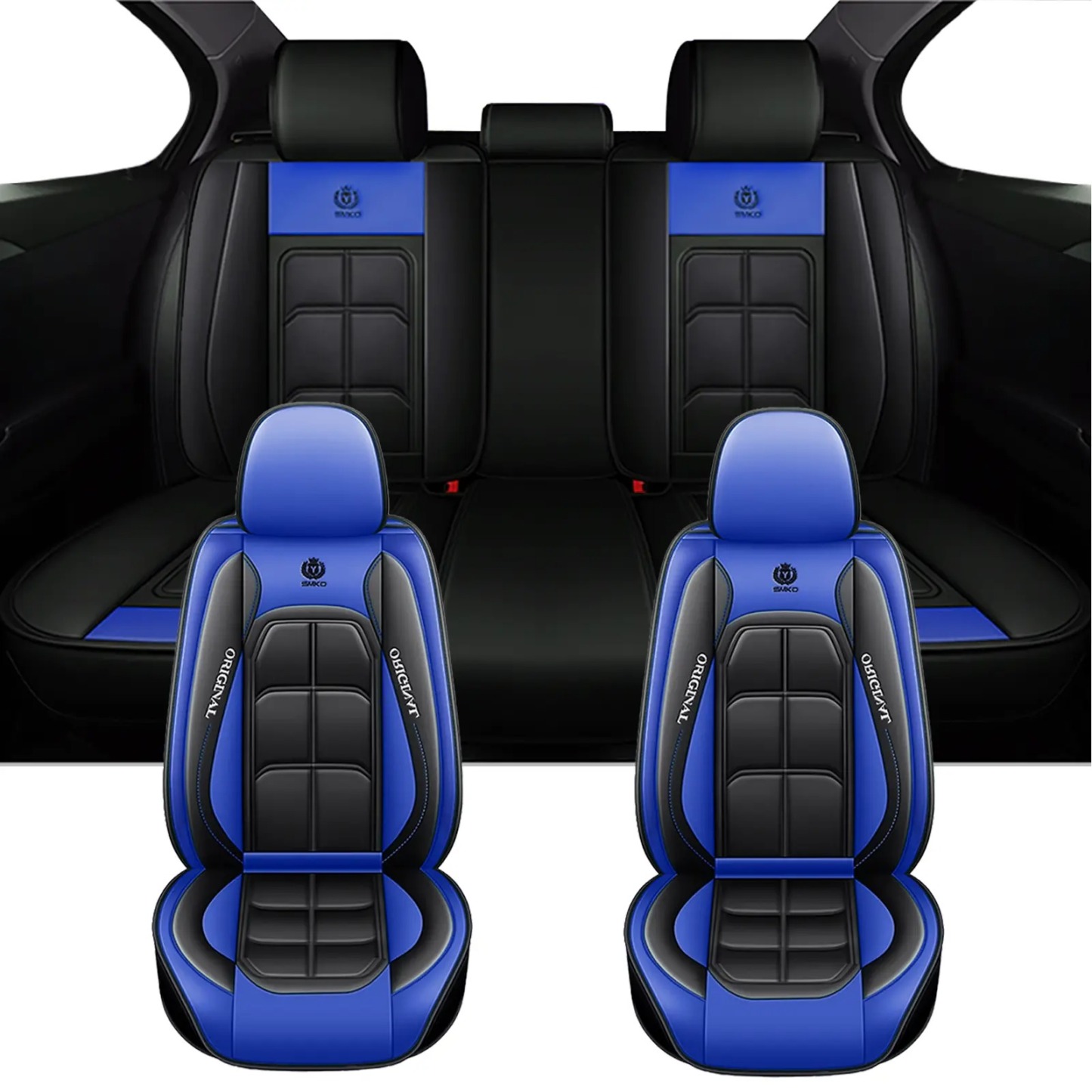 Fundas de asiento de cuero de lujo para automóvil (5 plazas) — Interfaz universal para airbag de seguridad — Impermeables, antideslizantes y fáciles de limpiar — Juego completo en color negro — Regalo ideal para el coche.