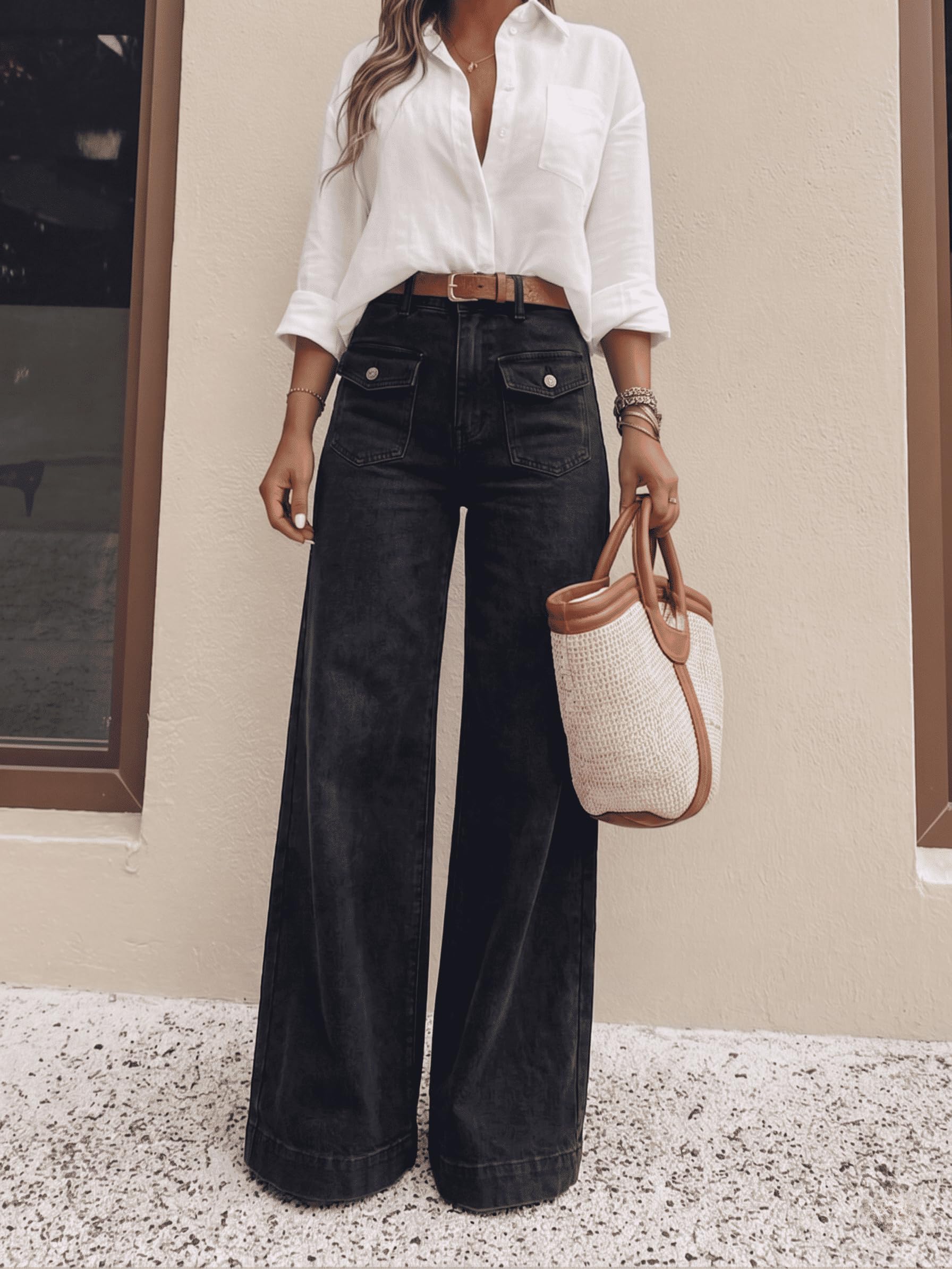 Jeans de Cintura Alta y Pierna Ancha con Bolsillos para Mujer