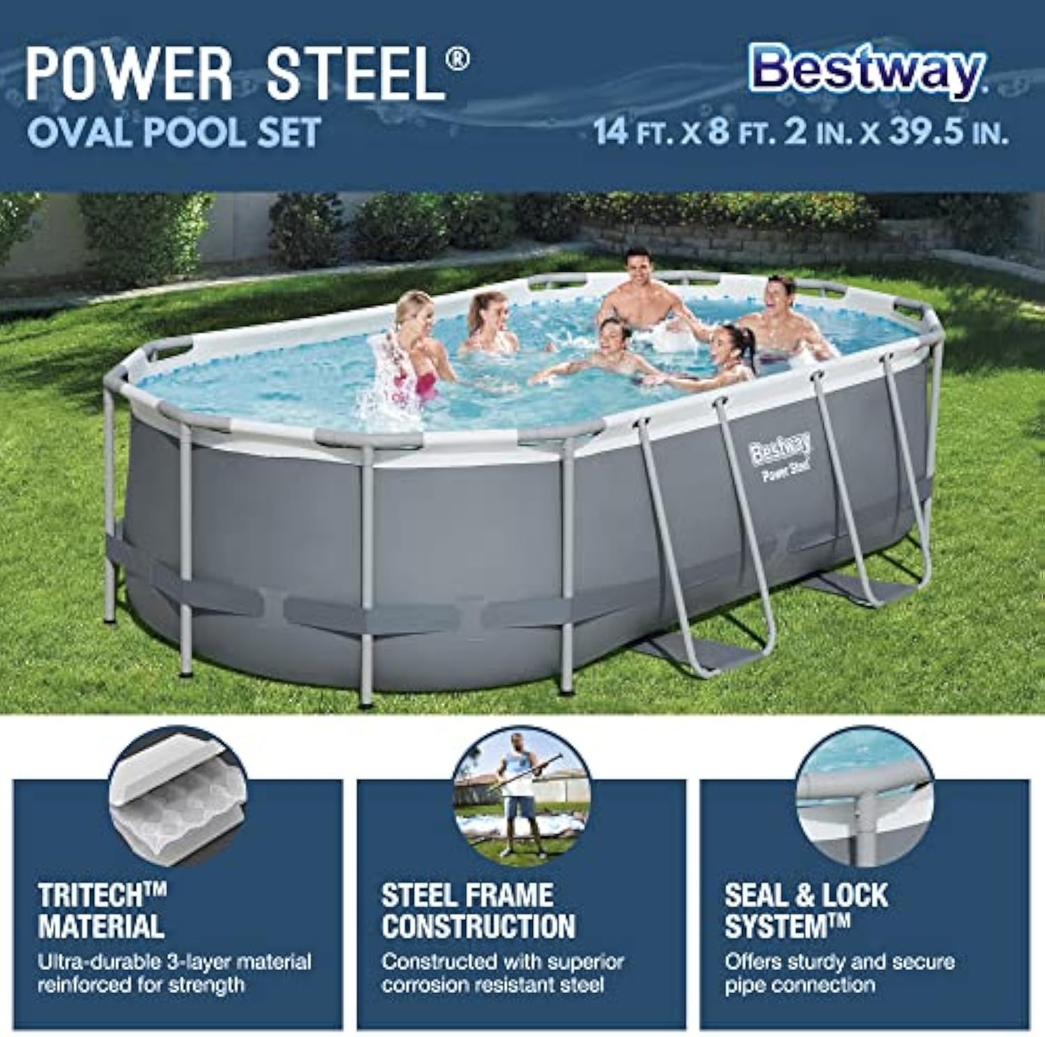 Alberca estructural ovalada Bestway 56622 con capacidad de 7250 litros de 4.27m de largo x 2.5m de ancho con Bomba y Escalera