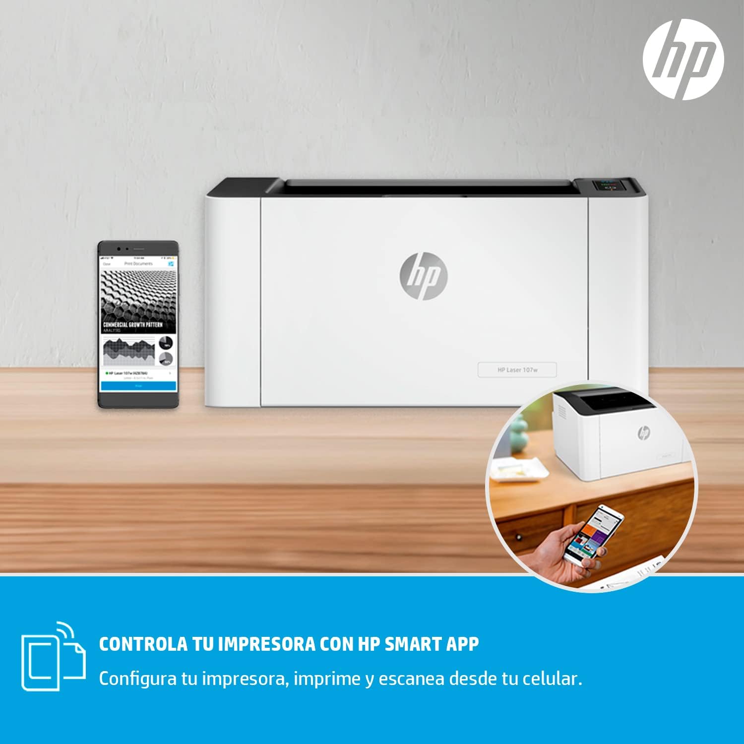 HP Impresora Laser 107w, Láser, Impresión en Negro, Wi-Fi, USB, Impresión y escanéo desde HP Smart App, Apple Air Print, Bandeja de 150 hojas, Pantalla LED (4ZB78A)
