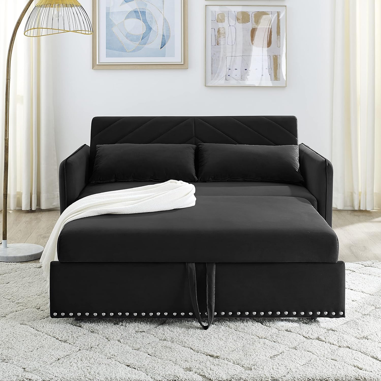 Miscoos - Sofá Cama de Terciopelo con Puerto USB 3 en 1 Ajustable, tirón, 2 Almohadas Lumbar, Bolsillo Lateral, Adecuado para Sala de Estar, recámara, Color Negro