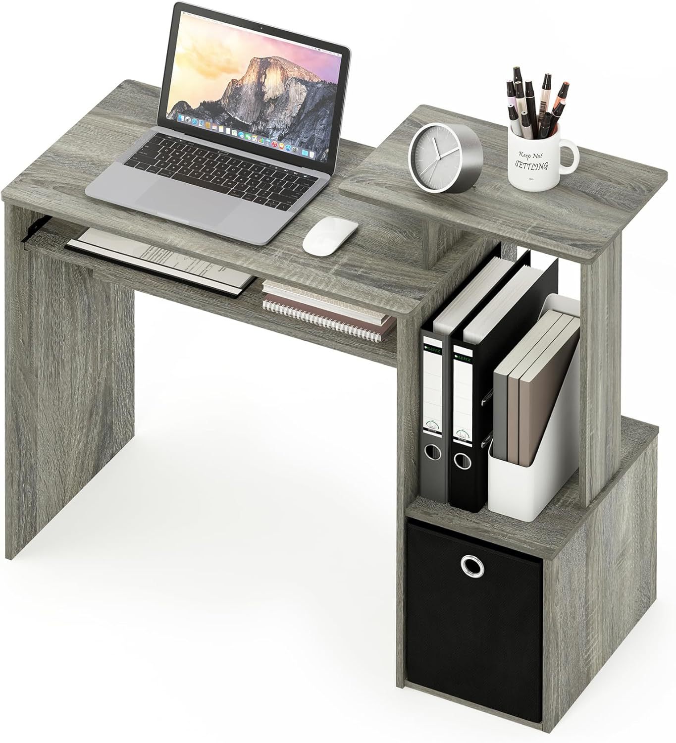 Furinno Econ Escritorio de escritura de computadora de oficina en casa multipropósito W/Bin, Blanco/Negro