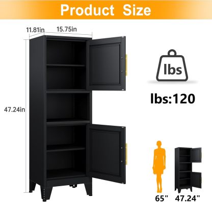 Ckzbx Gabinete de cocina de metal de 61 pulgadas de alto con 4 puertas, armarios de baño, 2 estantes ajustables para cocina, oficina en casa, sala de estar, comedor (negro)