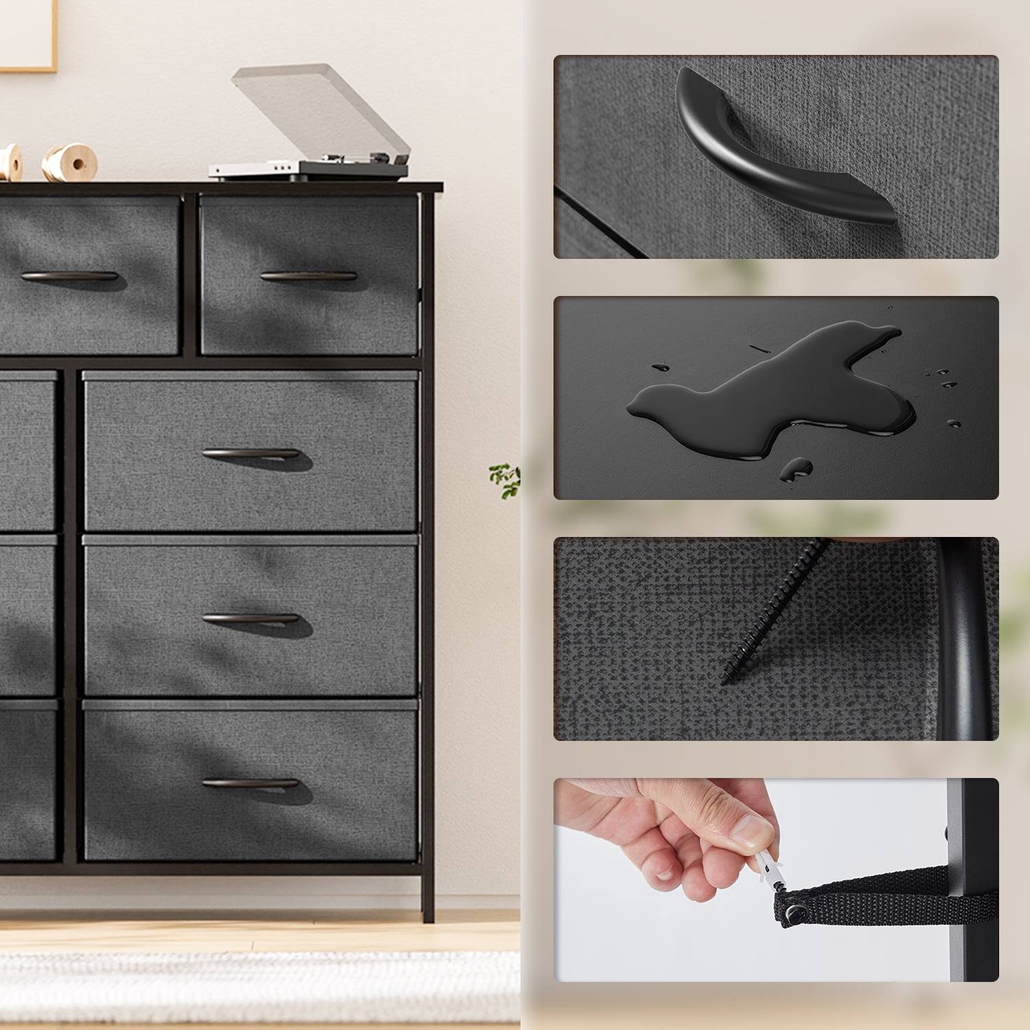 Yanming Cómoda de Tela con 9 cajones, Estructura de Acero y Tapa de Madera para Dormitorio, Armario, Entrada